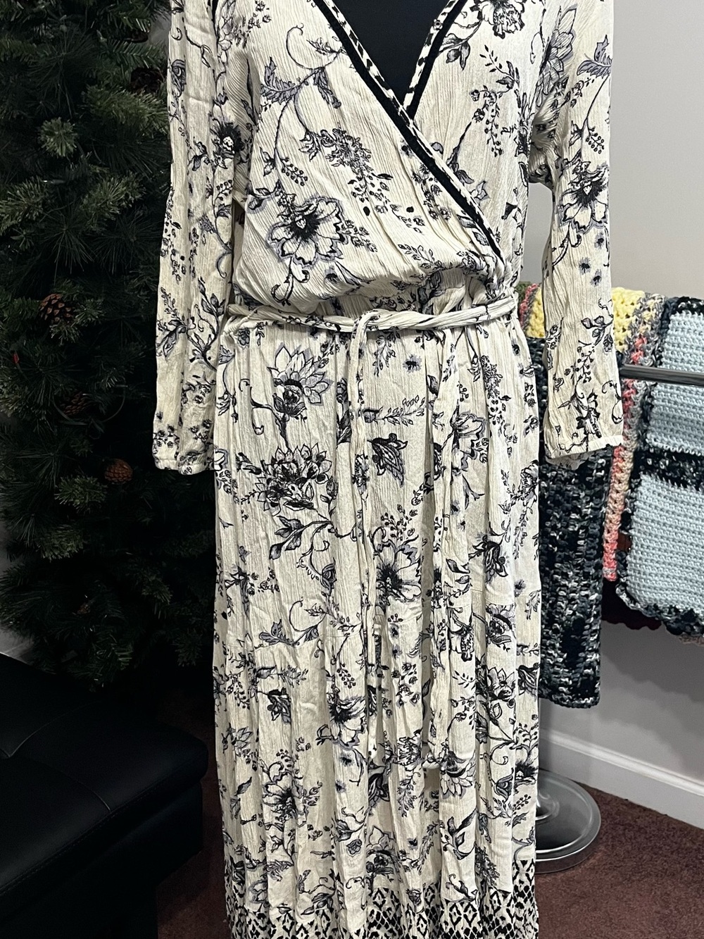 Knox Rose Ivory Maxi Wrap Dress with Black Floral Print and Border